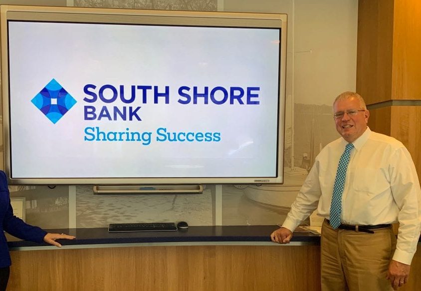 Jacqueline Maffeo (L) and John Mannion (R) at the South Shore Bank branch in Downtown Hingham.