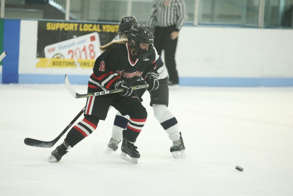 Sophomore defensemen Erin Packard fighting to clear the puck in the third period.