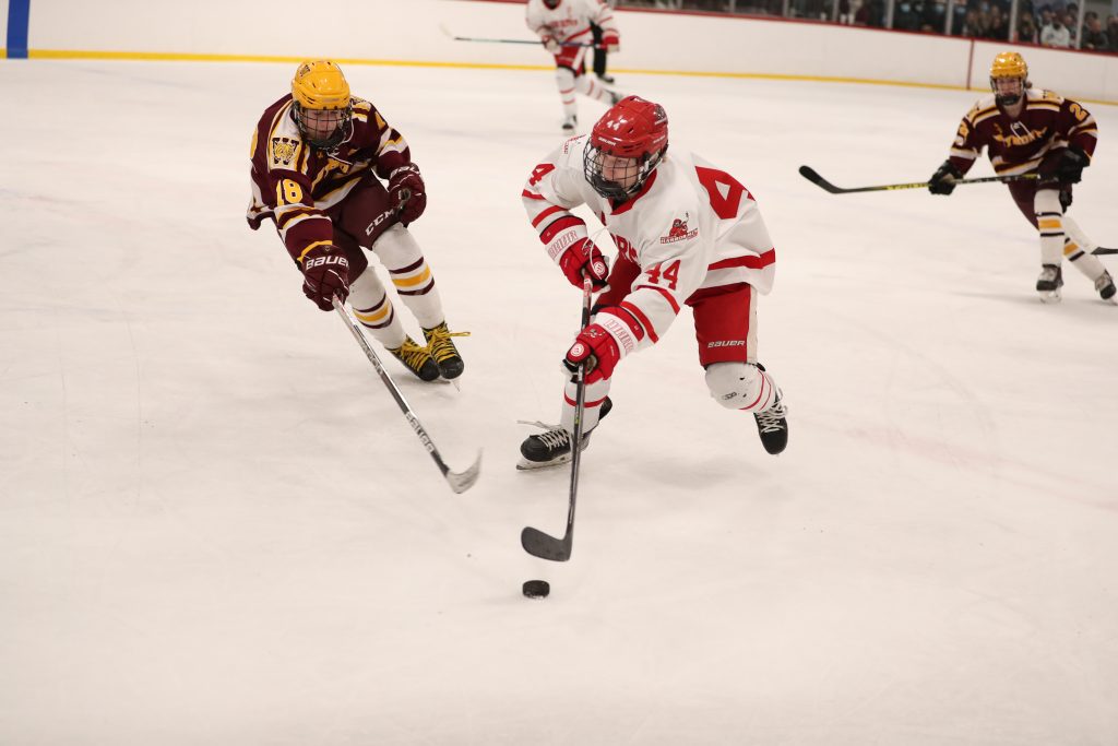 Sophomore Paul Dzavik brings the puck up along the boards.