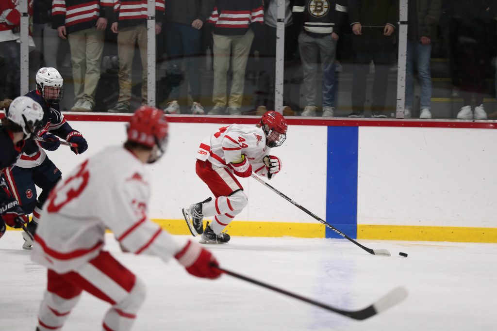 Sophomore Paul Dzavik, who scored his first varsity goal vs St. Mary's, carries the puck out of his end. 