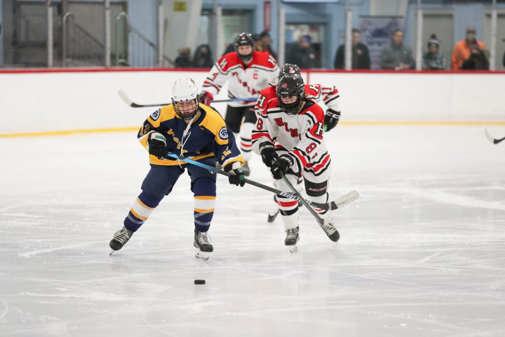 Sophomore Reese Pompeo fights for position near center ice. 