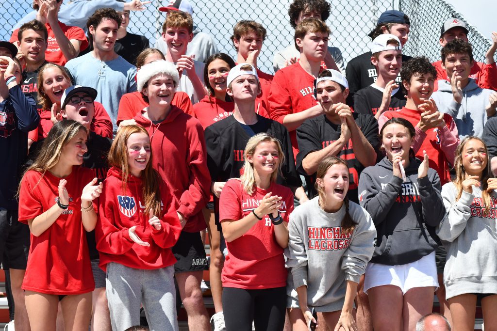 Hingham fans cheer on the Harbormen as they battle St. John's Prep in the State Semifinal on Saturday at Burlington High School.