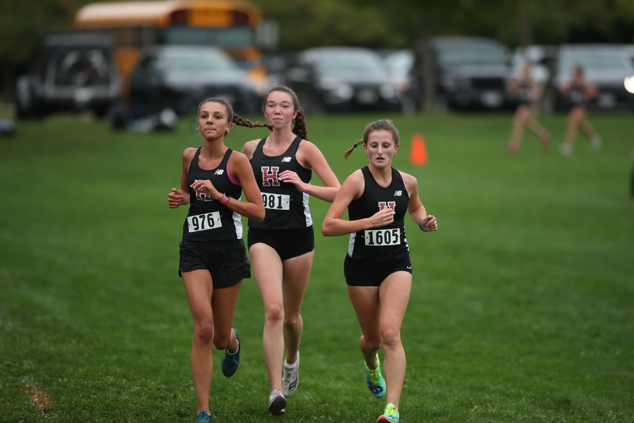 The trio of Sarah Burke (976), Sydney Driscoll (981), and Madeline Packard (1605) finished 3rd, 4th, and 5th vs Plymouth North on 9/20.
