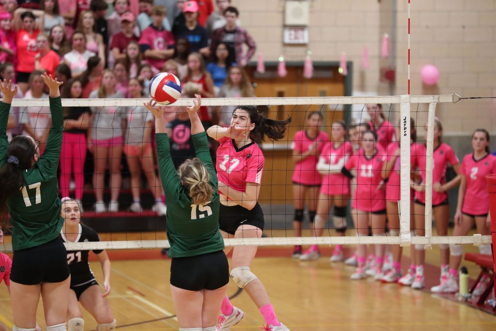 Junior Nora Schulze with an emphatic kill shot in the first game. 
