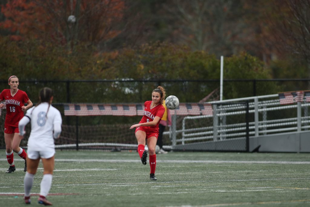 Hingham's defensive anchor, senior captain Maddie Aughe lets nothing get by her. 