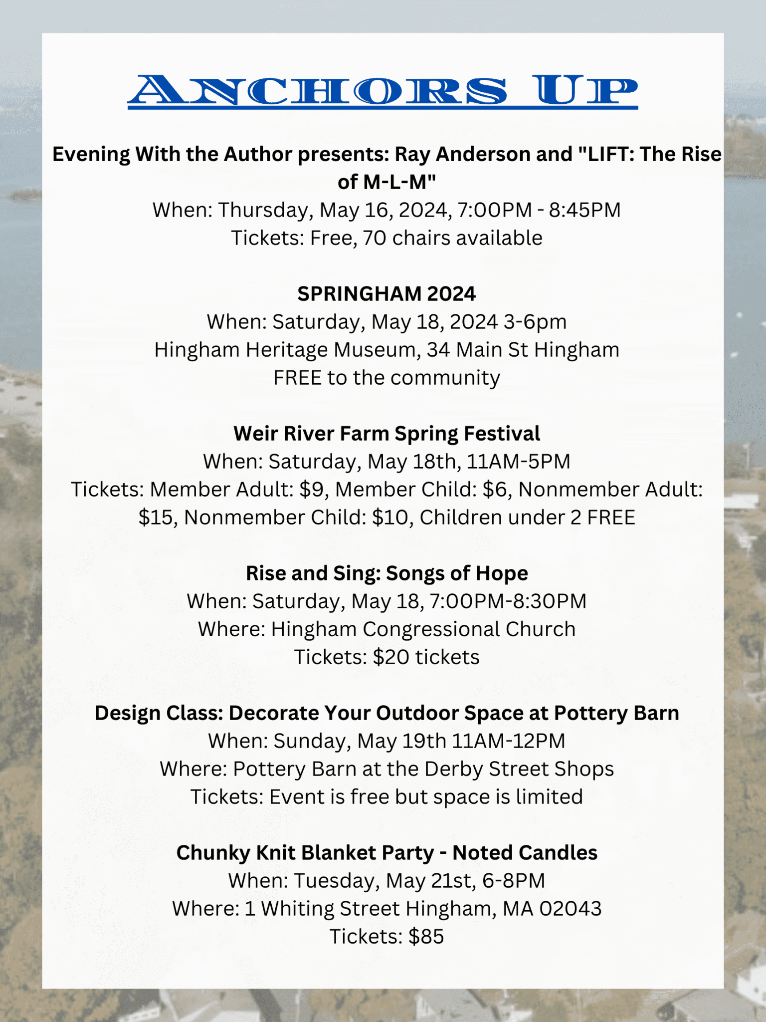 Anchor's Up! Upcoming Events in Town 5/16 - 5/22 - Hingham Anchor