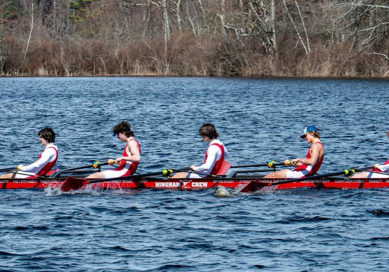 HHS Crew boys second varsity boat in the lead over St. John’s Prep (photo courtesy of Wesley Darlington)