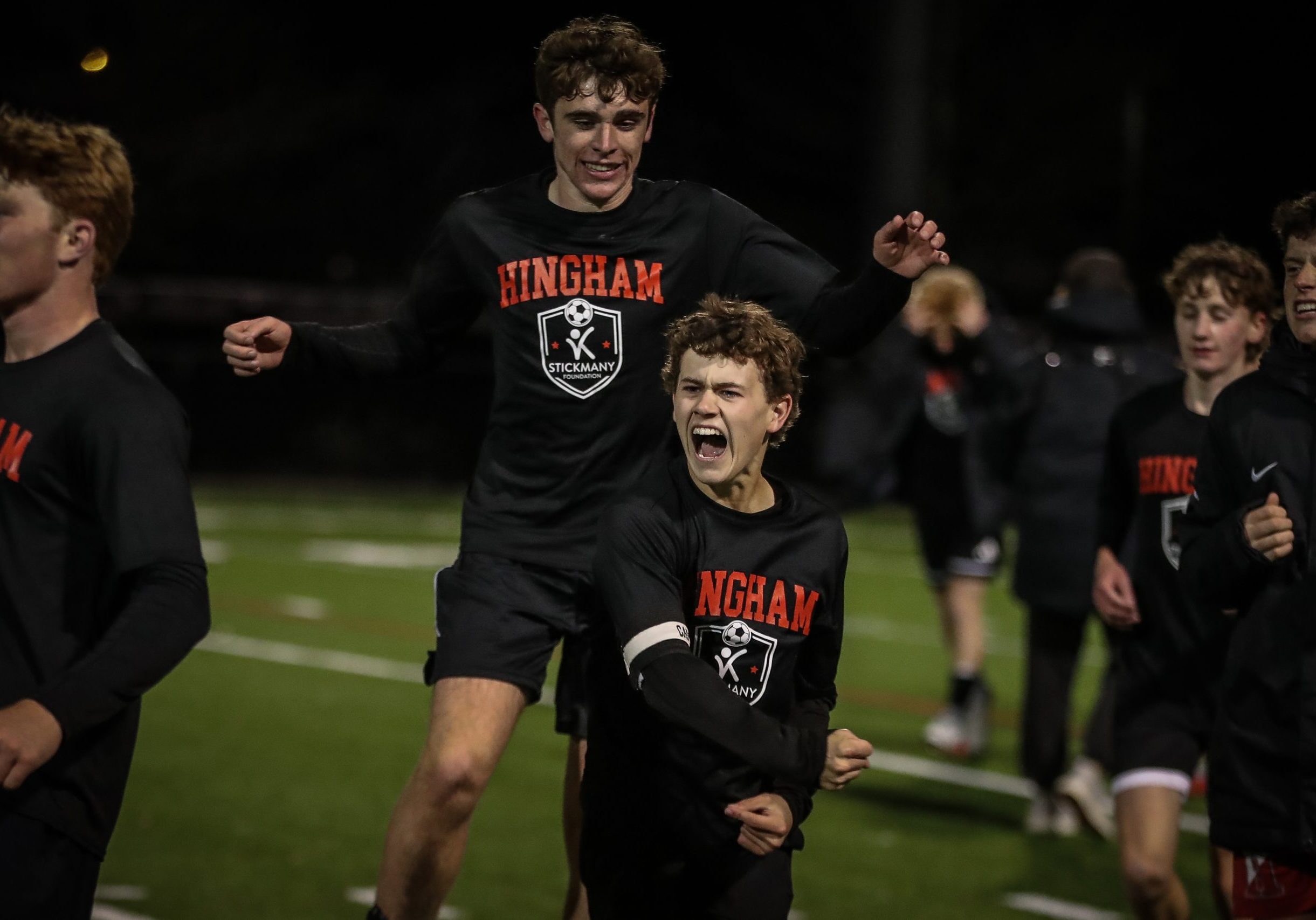 Senior captain Matt Volpe celebrates after knocking off undefeated Marshfield 2-1 on Tuesday night. 