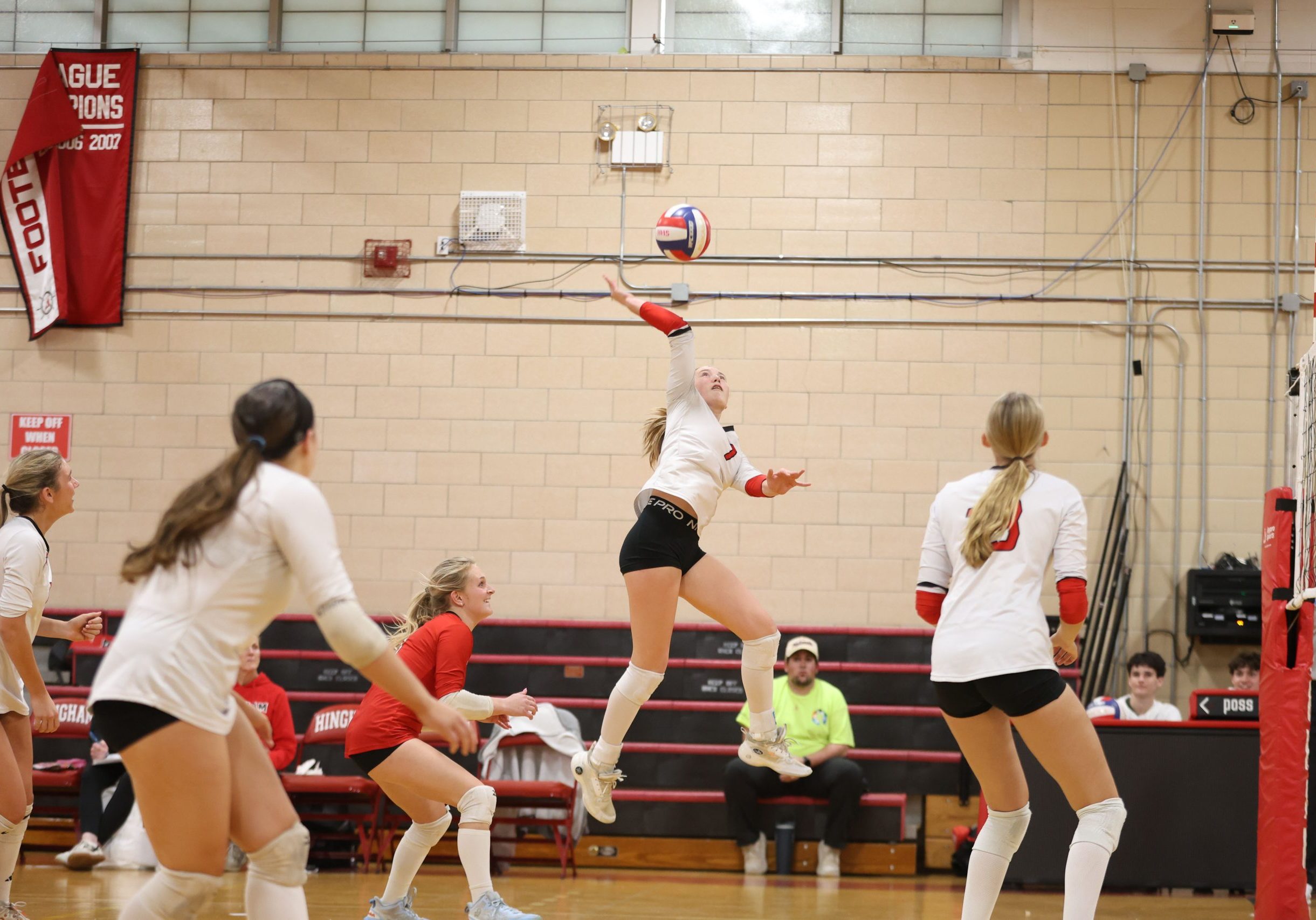 Senior Reese Barnes recorded 7 kills, 7 digs, and 2 aces in Hingham's win over the Skippers on Monday. 