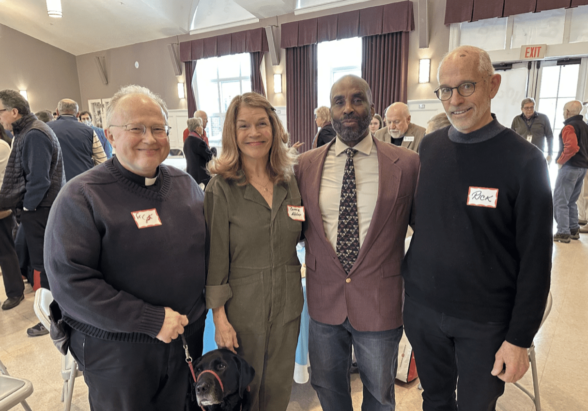 Left to Right: Father Scott Euvrard, St Anthony's Catholic Church, Cohasset; Laser (Father Scott's dog); Connie Afshar, Cohasset Diversity Committee;
Arthur Bembury, Executive Director of ‘Partakers’; and Cohasset resident Rick Shea.