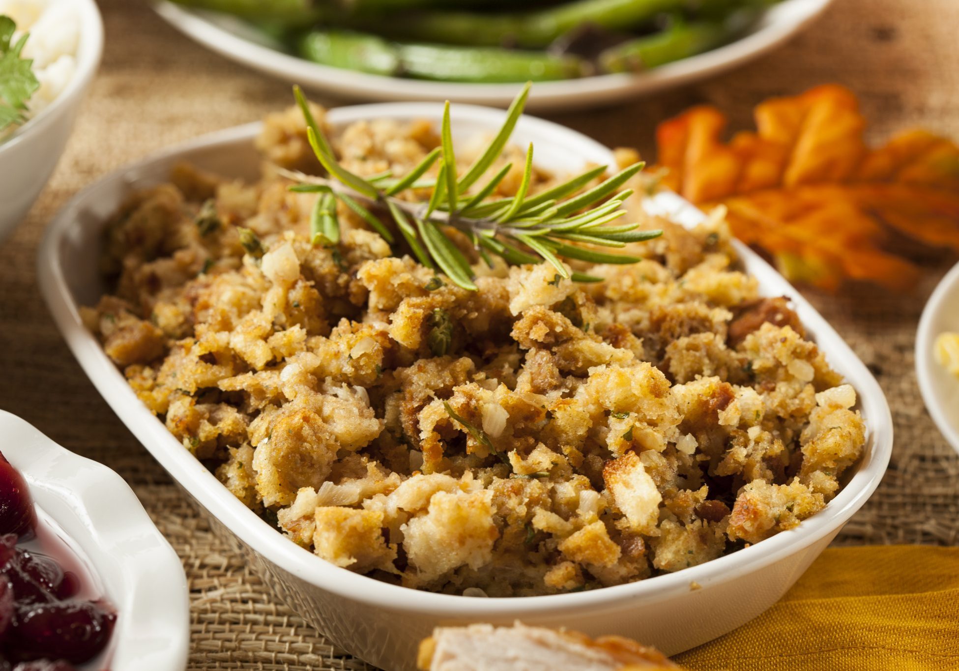 Homemade thanksgiving stuffing in a white bowl