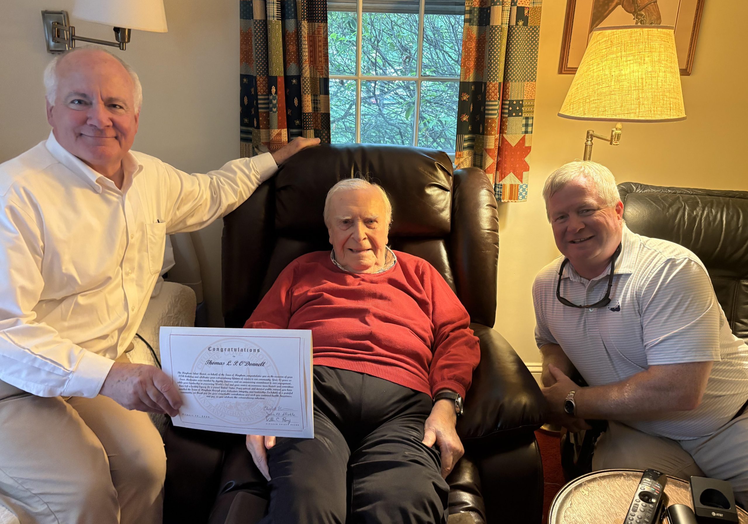 From left to right: Hingham moderator Mike Puzo, Tom O'Donnell, and Bill Ramsey